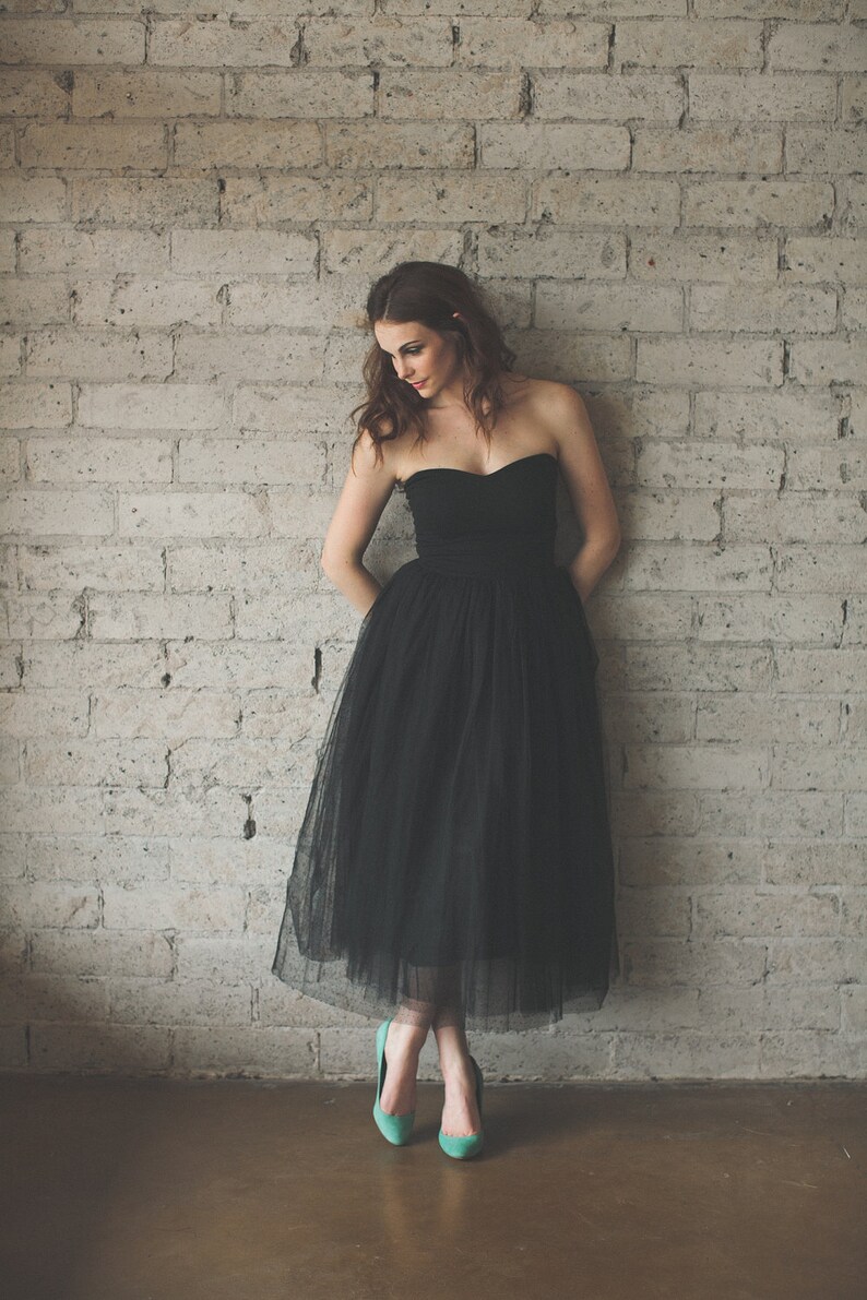Black Strapless Tea Length Dress