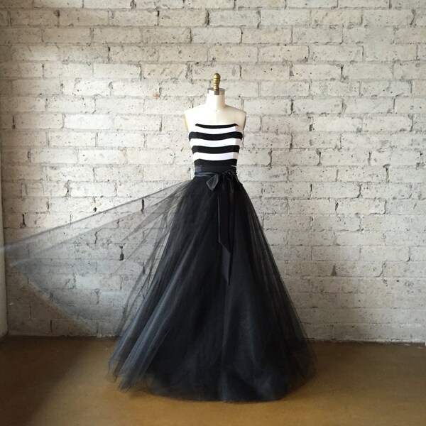 SALE Black and White Striped Strapless Tulle Gown