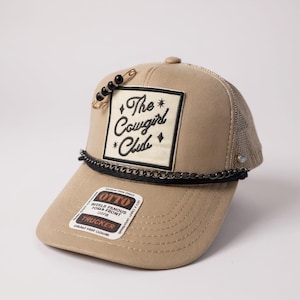 Cowgirl Club Otto Trucker Hat Khaki, Rope, Chain, Western Hat with Pins, Vintage Style Cap, Rodeo Asthetic, Country Concert Glam, Rhinestone