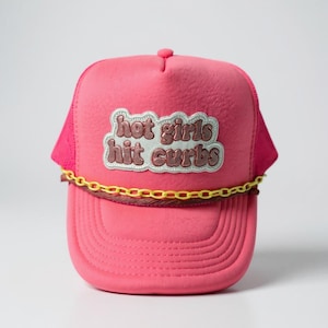 Hot Girls Hit Curbs Trucker Hat, Neon Pink Hat with Rope and Chain, Funny Trucker Cap for Women – Trendy Girl Car Hat, Vacation, Beach, Lake