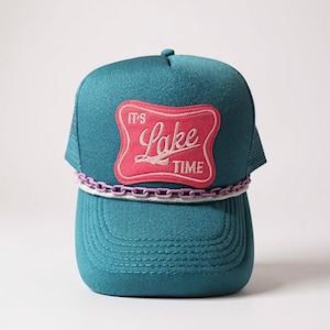 Lake Time Trucker Hat, Teal Snapback with Pink Patch, Hat Chain & Rope, Summer Hat for Women, Cute Trucker Cap, Beach, Vacation, Pool, Boat