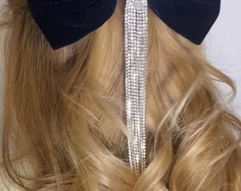 LELE - Black Velvet Hair Bow With Long Rhinestone Tassels