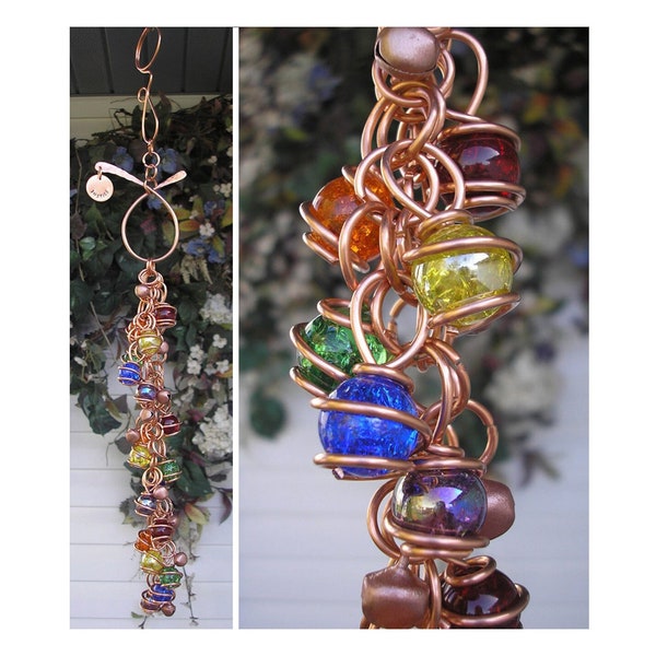Rainbow glass wind chimes, copper outdoor hanging garden decor, metal garden art, plant gift