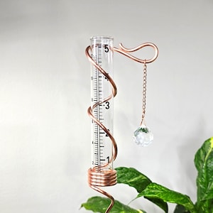 May include: A copper-colored rain gauge with a clear glass tube, measuring up to 5 inches. The tube is held in place by a decorative copper wire. A small, clear crystal hangs from a chain attached to the top. Green plant leaves are in the foreground.