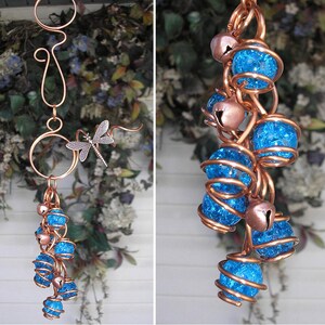 Dragonfly Wind Chimes, Hanging Glass Suncatcher, Copper Garden Decor