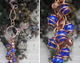 Copper Wind Chimes, Dragonfly Glass Suncatcher, Hanging Outdoor Ornament Garden Decor