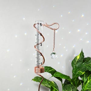 May include: A copper-colored rain gauge with a clear glass tube, measuring up to 5 inches. The gauge has a decorative spiral design and a hanging crystal. The gauge is placed near a green plant.