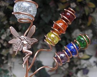 Rainbow garden stake, copper dragonfly garden decor, butterfly plant stake, fairy garden stake, plant accessories