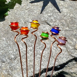 Rainbow plant stakes and garden markers, glass and copper art, houseplant suncatcher sticks, plant parent gifts