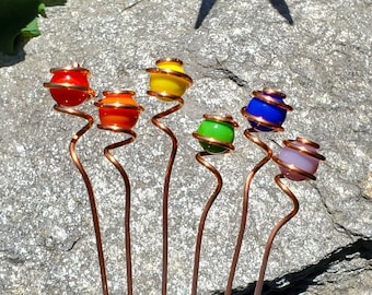 Rainbow garden marker plant stakes, glass and copper outdoor art, houseplant suncatcher sticks, gardening and plant mom gift