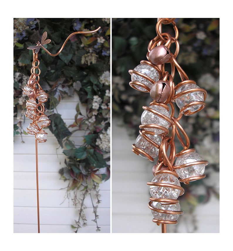 Electroculture copper coil stake, dragonfly garden antenna, butterfly glass suncatcher, plant mom gardening gift image 2