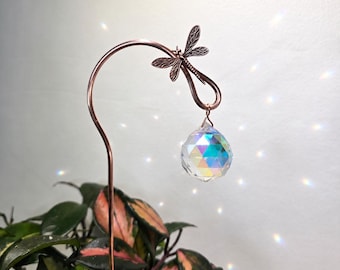 Crystal Plant Stake, Copper Dragonfly Ornament Stakes, Decorative Houseplant Suncatcher, Garden Decor, Spring Plant Gifts