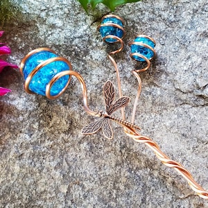 Dragonfly copper garden plant stake, decorative butterfly outdoor art, glass plant mom gifts