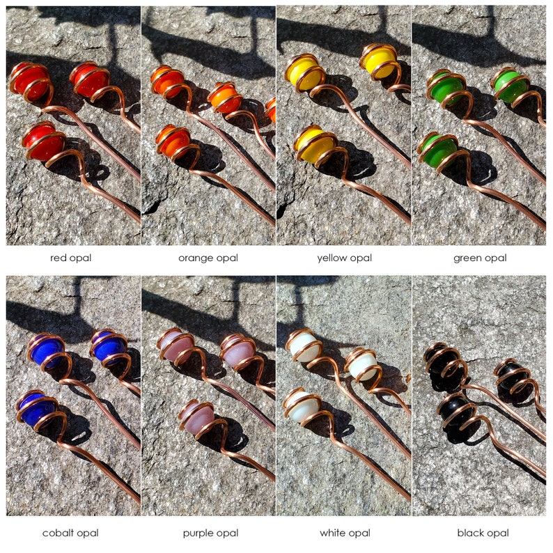 May include: Set of ten copper wire garden stakes with glass opal beads in various colors, including red, orange, yellow, green, cobalt blue, purple, white, and black.