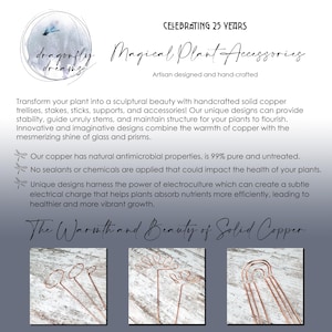 May include: Copper plant accessories, including trellises, stakes, and supports, designed to provide stability and structure for plants. The text "Magical Plant Accessories" is displayed above the image. The text "Celebrating 25 Years" is displayed above the text "Magical Plant Accessories".