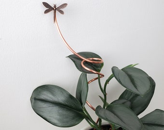 Dragonfly copper plant stake, decorative indoor houseplant support, plant mom garden gifts