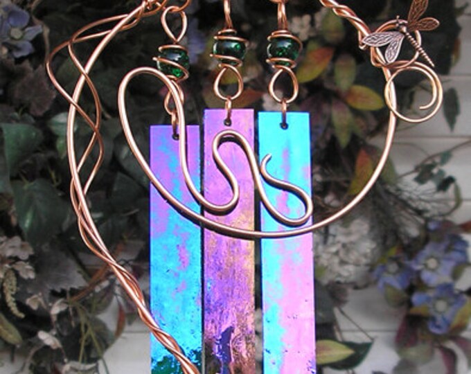 Dragonfly Wind Chimes Copper Garden Art Sculpture Stained Glass