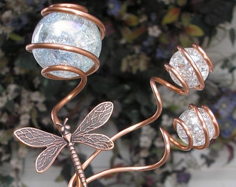 Dragonfly copper plant stake, glass suncatcher stakes, butterfly garden marker, outdoor yard ornament, plant mom gifts