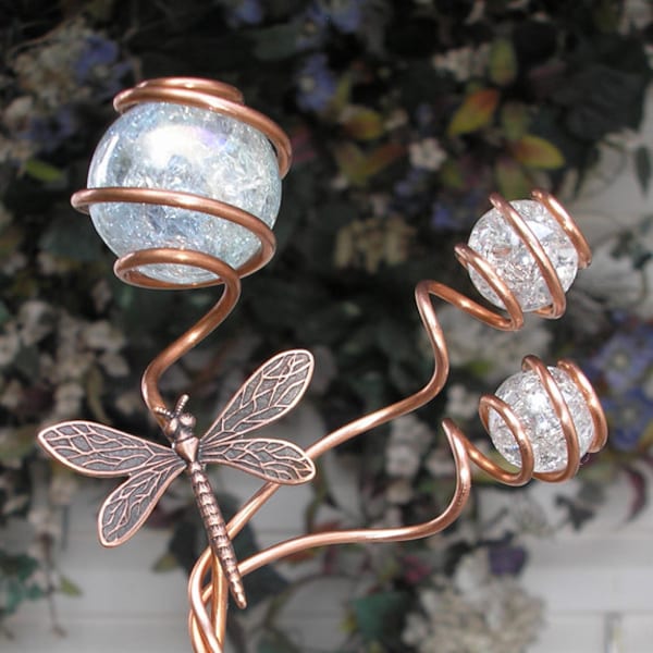 Dragonfly copper plant stake, glass suncatcher stakes, butterfly garden marker, outdoor yard ornament, plant mom gifts