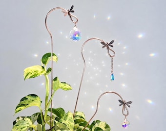 Dragonfly Plant Stake with Copper and Crystal Prism Rainbow Maker