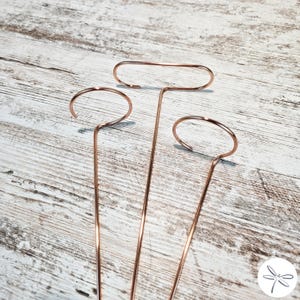 May include: Three copper-colored plant markers with different top shapes: a circle, a half-circle, and a T-shape. The markers are made of thin, bent metal and are designed to be inserted into the soil to identify plants. The background is a light-colored, weathered wood surface.