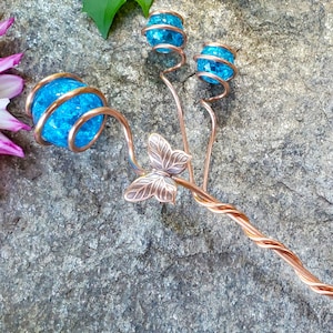 Butterfly planter stake, copper and glass plant picks, metal houseplant decorations, unique gardener gifts for plant moms