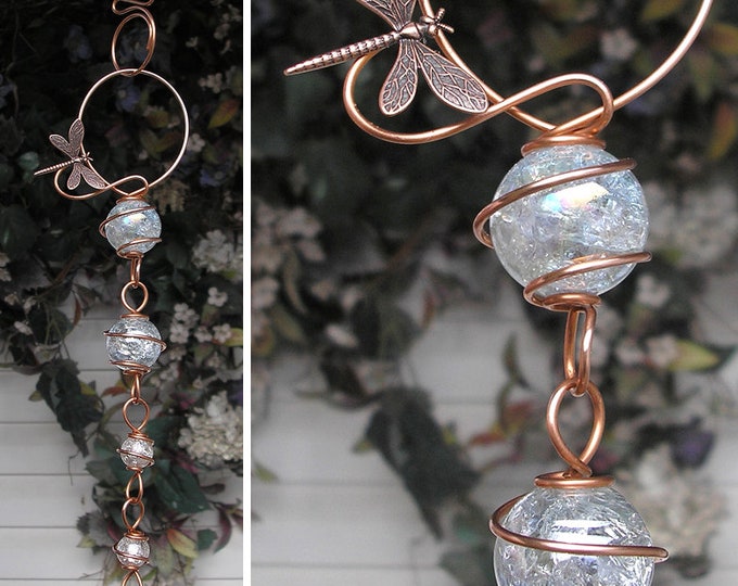 Dragonfly Suncatcher, Glass Jeweled Garden Art, Outdoor Decor, Butterfly Sun Catcher, Outdoor Copper Art, Plant Gift