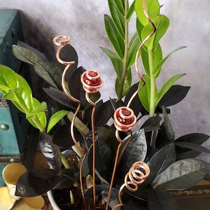 Decorative plant stakes, glass suncatcher plant stake, copper plant decor, whimsical metal art for planters and pots
