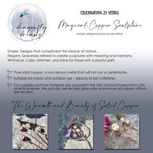 May include: Three copper sculptures of dragonfly wings, flowers, and a leaf with beads. The sculptures are on a natural background. The text "The Warmth and Beauty of Solid Copper" is at the top of the image.