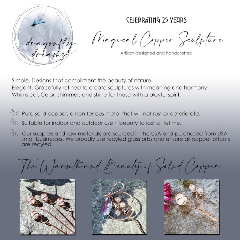May include: Three copper sculptures of dragonfly wings, flowers, and a leaf with beads. The sculptures are on a natural background. The text "The Warmth and Beauty of Solid Copper" is at the top of the image.
