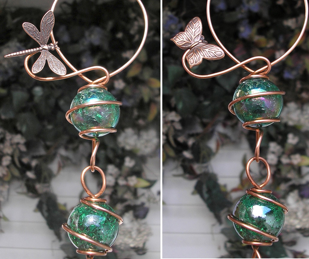 Dragonfly suncatcher, glass jeweled garden art, outdoor decor, butterfly sun catcher, outdoor copper art, plant gift, mothers day