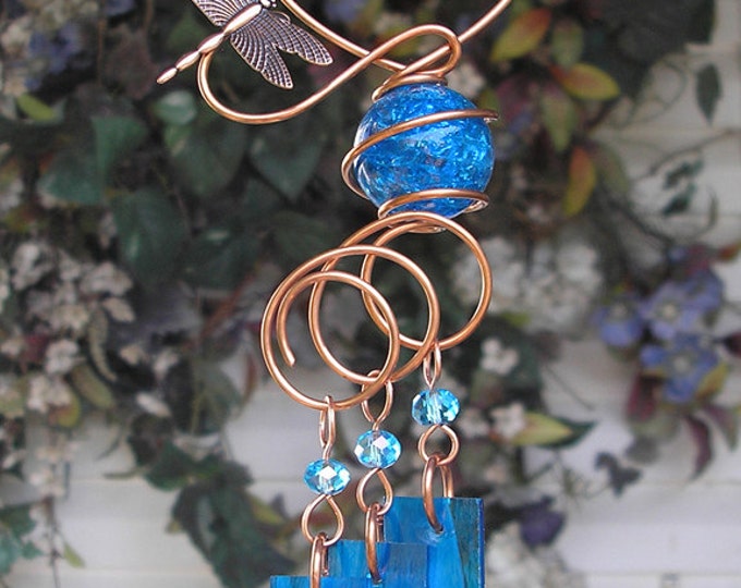 Dragonfly Wind Chimes Copper Garden Art Sculpture Stained Glass