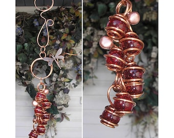 Dragonfly glass wind chimes, copper garden butterfly suncatcher, outdoor art and decor, plant and garden gifts