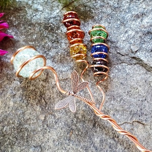 Rainbow glass dragonfly plant stake, decorative copper stick for pots and planters, garden lover gifts