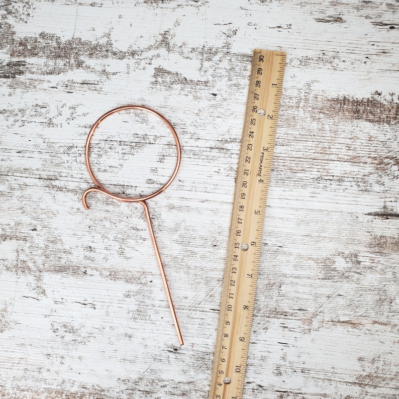 May include: A copper-colored metal plant hanger with a circular top and a hook on the side. The hanger is 6 inches tall and the circle is 3 inches in diameter.
