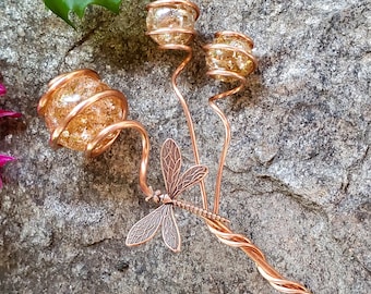 Dragonfly garden stake, butterfly plant stake, glass suncatcher stakes, copper garden decor, patio and garden gifts