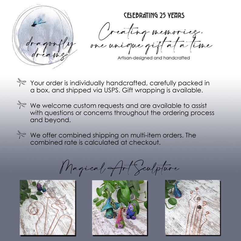 May include: A whimsical art sculpture featuring a small, colorful mushroom-shaped figure with a dragonfly perched on top. The sculpture is made of clay and has a textured surface. The background is a wooden surface with a green plant.
