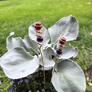 Indoor plant decor, glass suncatcher stakes for pots and planters, copper garden sticks, whimsical gardener gifts