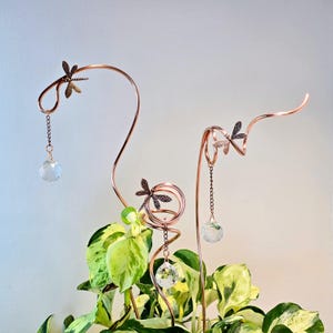May include: Copper plant stakes with dragonfly accents and hanging crystal orbs. The stakes have a decorative, curved design and are placed in a plant with green and yellow leaves. The dragonfly details add a touch of nature-inspired elegance.