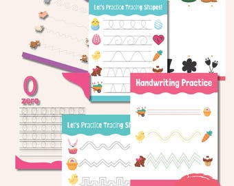 Puede incluir: Un conjunto de 50 hojas de trabajo imprimibles para que los niños practiquen el control del lápiz y las habilidades de trazado. Las hojas de trabajo presentan una variedad de formas, letras y números, así como lindas ilustraciones de personajes con temática de Pascua. El texto en la página dice "Control del lápiz y trazado" y "¡Practiquemos trazar formas!"