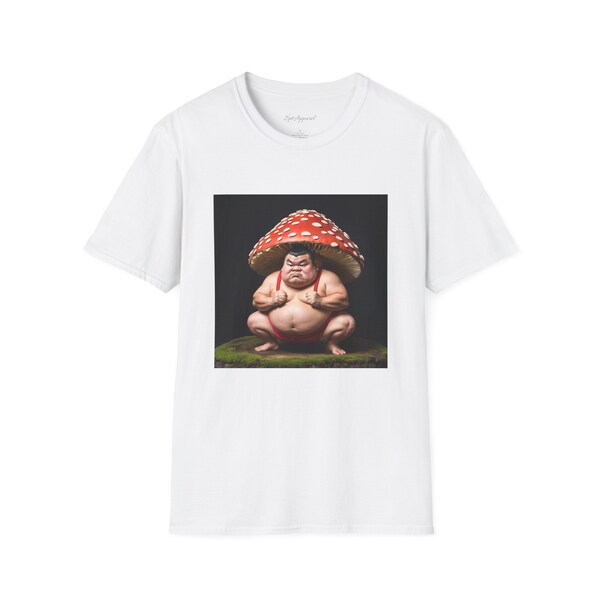 Unisex Softstyle T-Shirt - Sumo Wrestler Cartoon with Mushroom Print - Fun Gifts for Him/Her