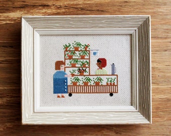 cross stitch pattern PDF Coffee and Plant Cart