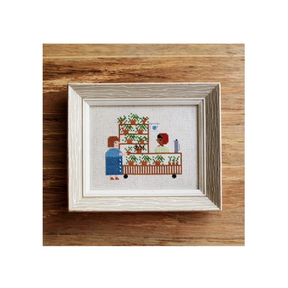 cross stitch pattern PDF Coffee and Plant Cart