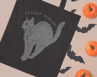 Bolsa de Halloween con diseño de gato negro: bolsa reutilizable de lona de algodón para pedir dulces