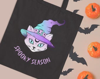 Bolsa de Halloween con diseño de gato negro: bolsa de lona de algodón espeluznante para pedir dulces