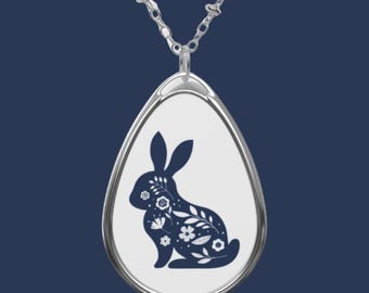 Folk Art Easter Rabbit Pendant Necklace: Spring Toile Jewelry