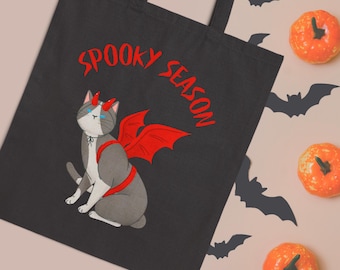 Bolsa de Halloween con Gato Negro Diablo: Bolsa de lona de algodón espeluznante para pedir dulces