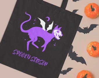 Bolsa de Halloween con diseño de gato espeluznante: bolsa reutilizable de lona de algodón para pedir dulces