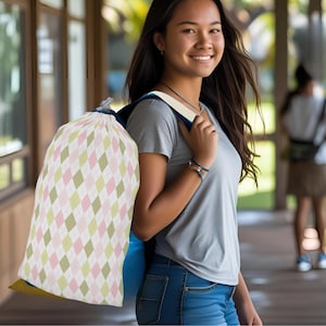 Argyle Laundry Bag: Stylish Polyester Tote with Drawstring
