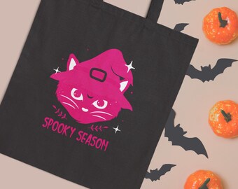 Bolsa de Halloween con diseño de gato negro: bolsa de lona de algodón espeluznante para pedir dulces
